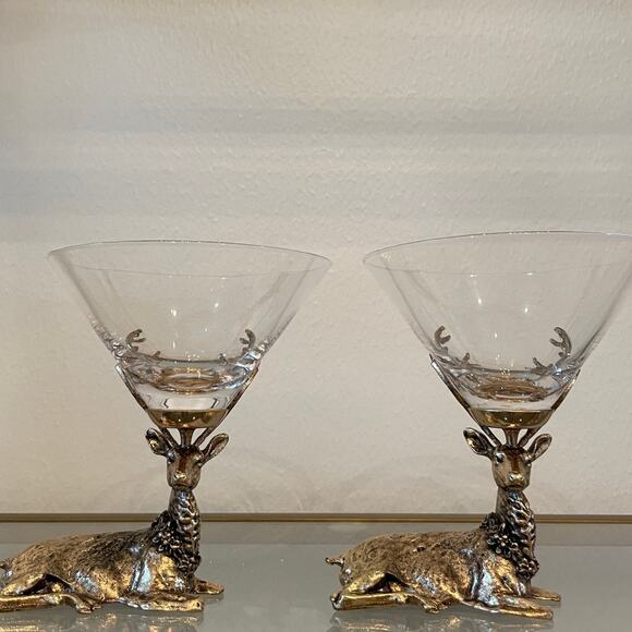 Gold Stag Reindeer Martini Glasses 7.5oz Set of 2 Christmas Holiday Barware New - Picture 1 of 15